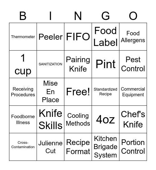 Culinary 1 Review Bingo Card