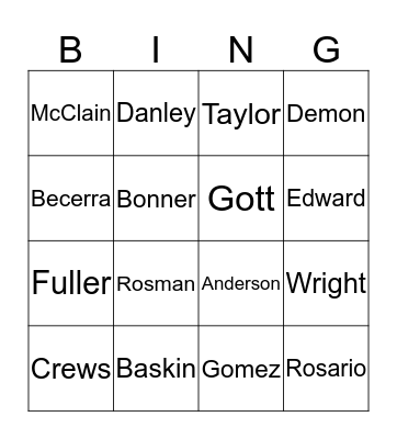 Special People Bingo Card