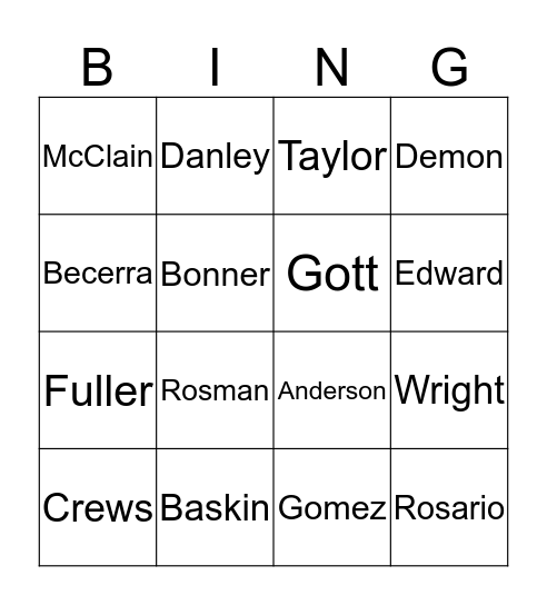 Special People Bingo Card