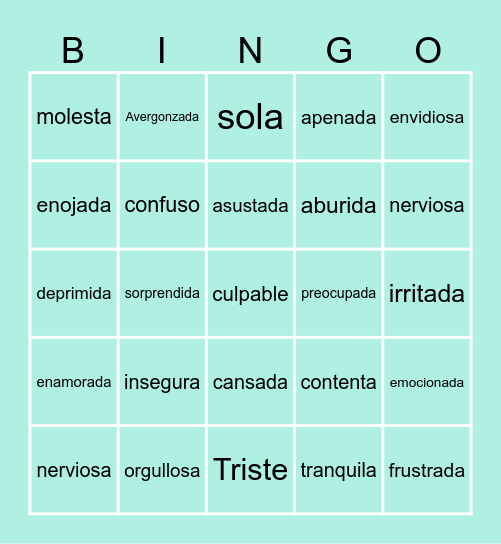 Emotions Bingo (Spanish Edition) Bingo Card