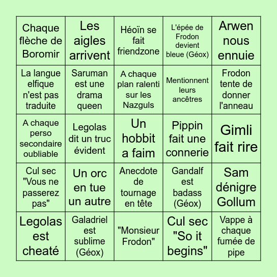 LOTR Jeu à Boire Bingo Card