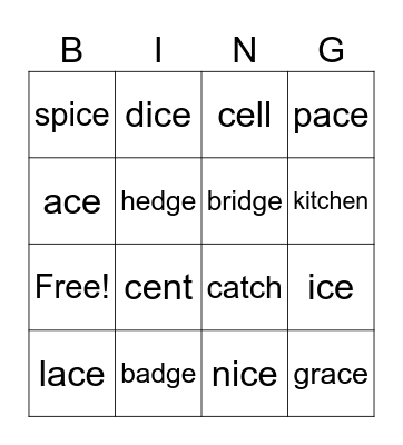 Soft c and g - trigraphs Bingo Card