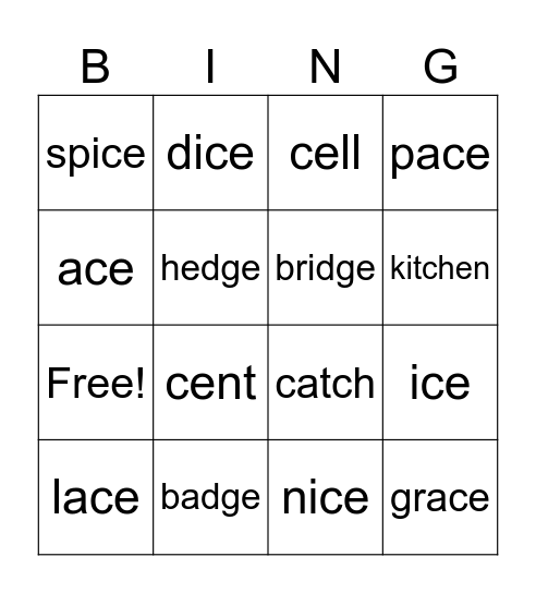 Soft c and g - trigraphs Bingo Card