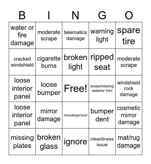 Vehicle damage Bingo Card