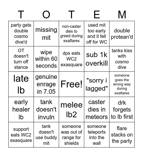 TOP P6 Wipes Bingo Card