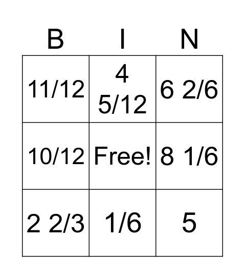 Fractions Bingo Card