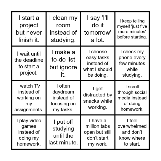 Procrastination Bingo Card