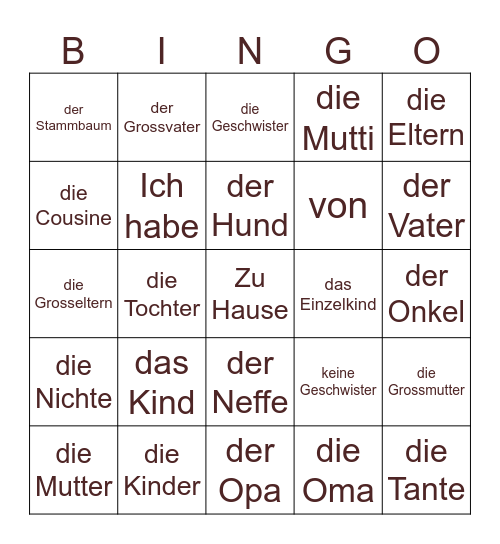 Die Familie Bingo Card