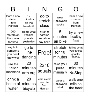 Medical Fitness Bingo Card