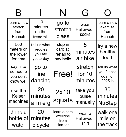 Medical Fitness Bingo Card