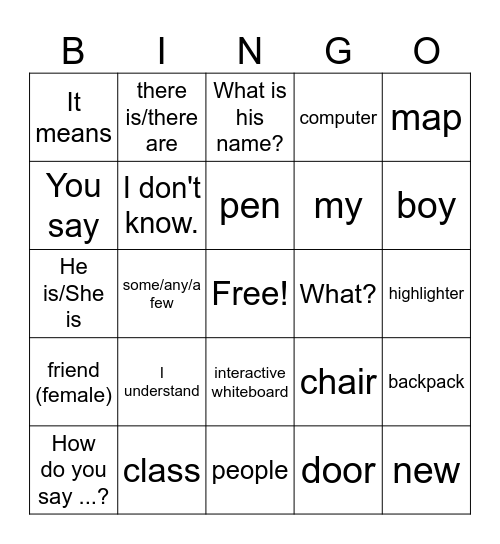 ¡Qué chévere! 1, Ch. 2A - En la clase Bingo Card