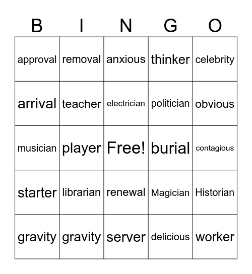 Suffix Bingo - Al, ity, ian, ious, er Bingo Card