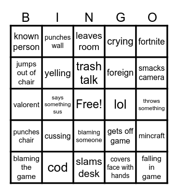 gamer rage bingo Card