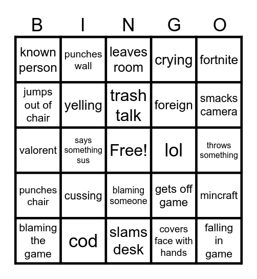 gamer rage bingo Card