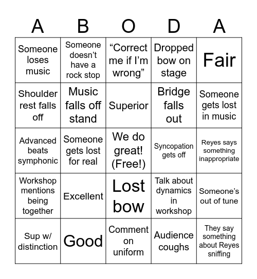 ABODA bingo Card