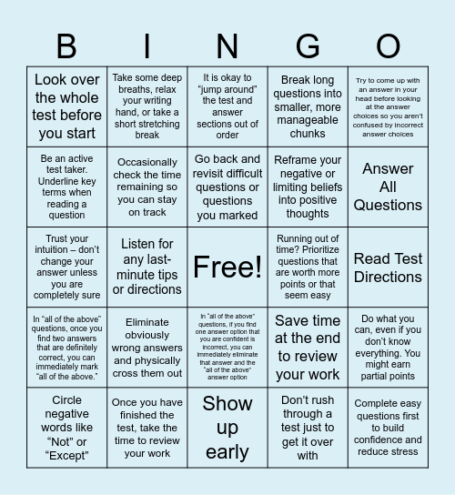 Test Taking Strategies BINGO Card