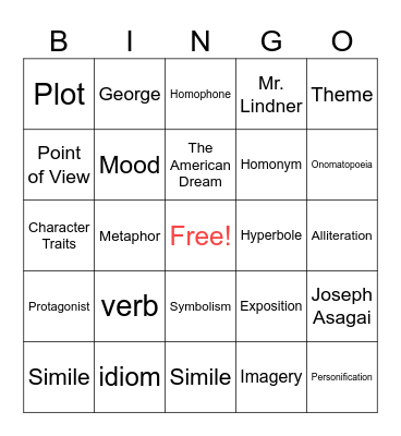 Junior English BINGO Card