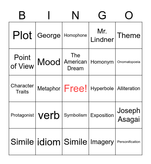 Junior English BINGO Card