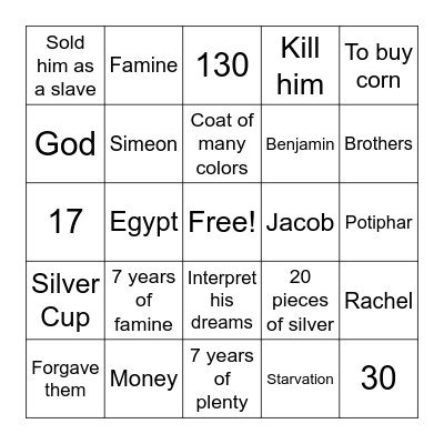 Joseph Forgives Bingo Card