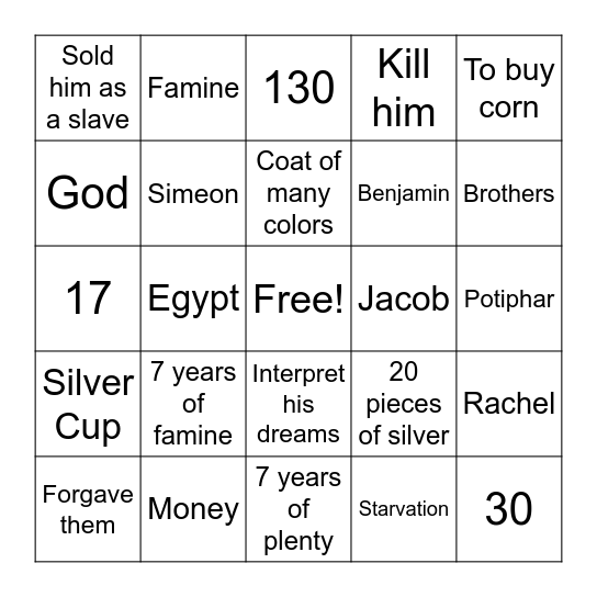 Joseph Forgives Bingo Card