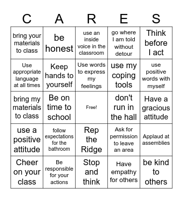 Positive Behavior Bingo Card