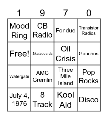 1970s Memories Bingo Card