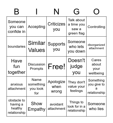 Relationship Bingo Card