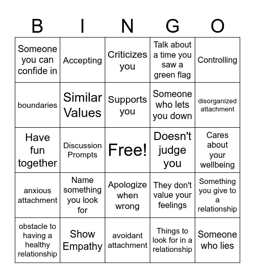 Relationship Bingo Card