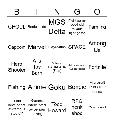 Xbox "Partner" "Showcase" Bingo Card