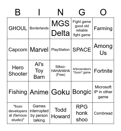 Xbox "Partner" "Showcase" Bingo Card