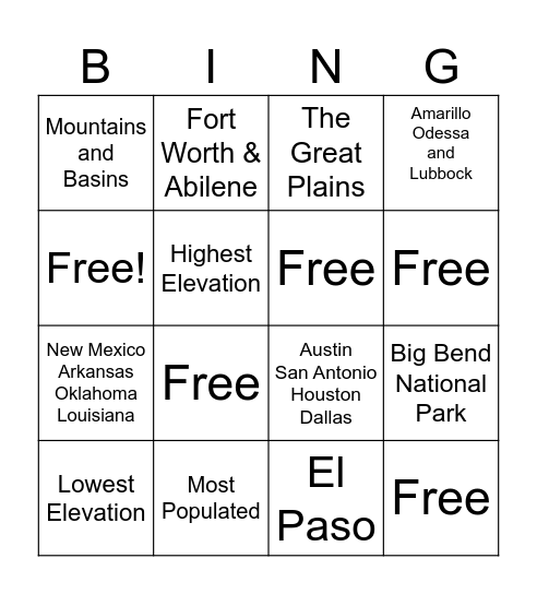 Regions of Texas Bingo Card