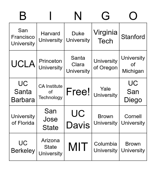 Universities Bingo Card