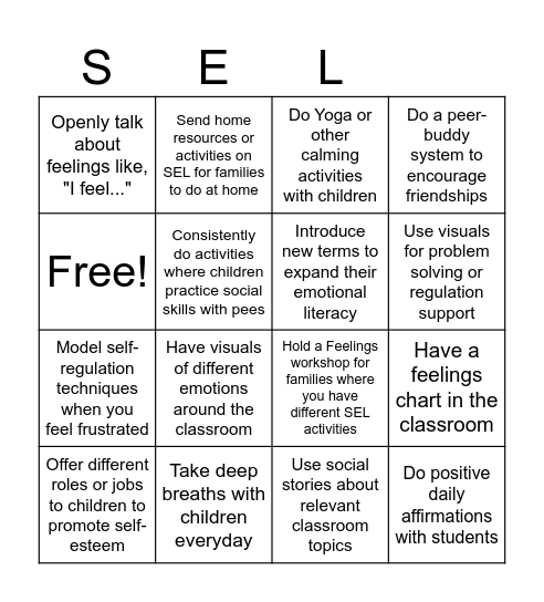 SEL Practices Bingo Card