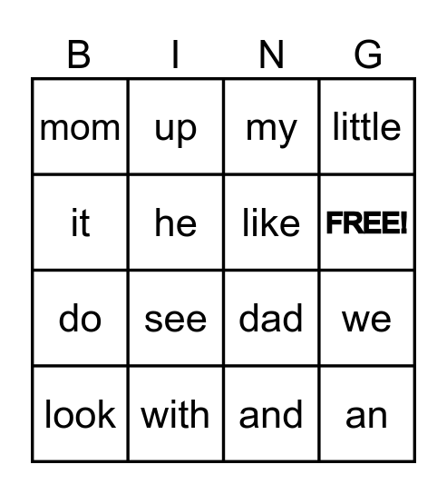 Sight Words Bingo Card