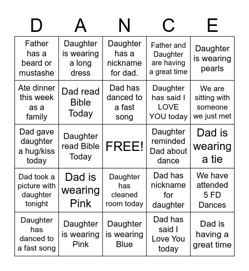 CSW Father Daughter Bingo Card