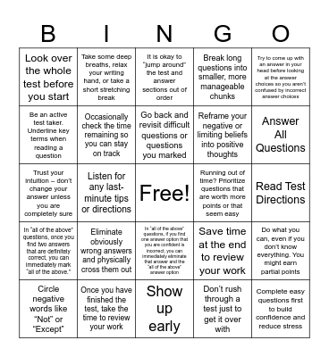 Freshmen Seminar: Test Taking Strategies Bingo Card