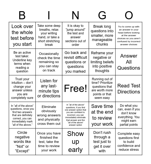 Freshmen Seminar: Test Taking Strategies Bingo Card