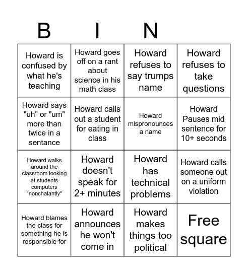 Howard Bingo Card