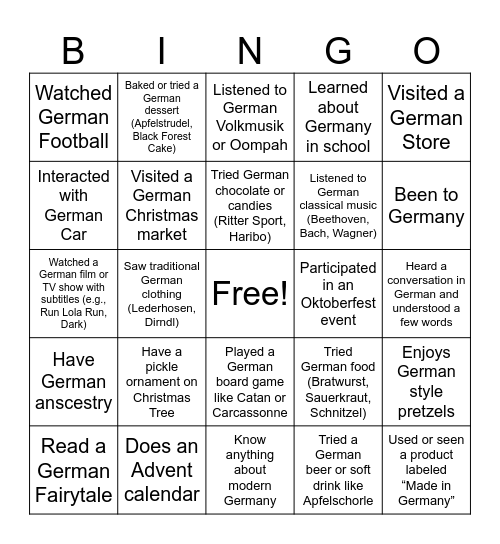 German cultural Bingo Card