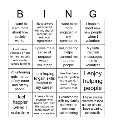 Why do I volunteer? Bingo Card