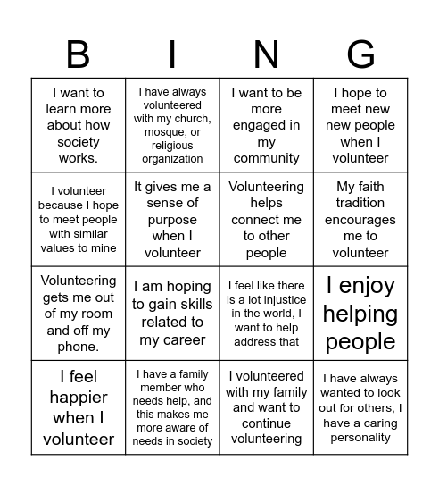 Why do I volunteer? Bingo Card