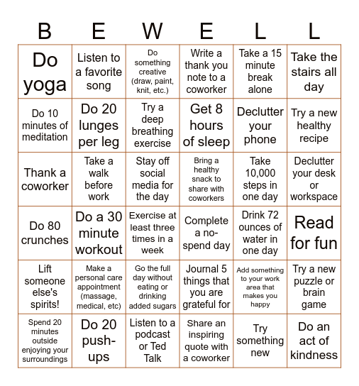 Wellness Bingo Card