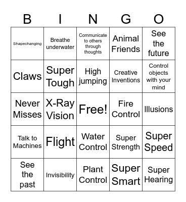 Kids Superpowers Bingo Card