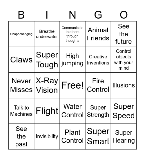 Kids Superpowers Bingo Card