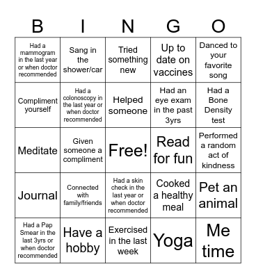 Women's Health Bingo Card