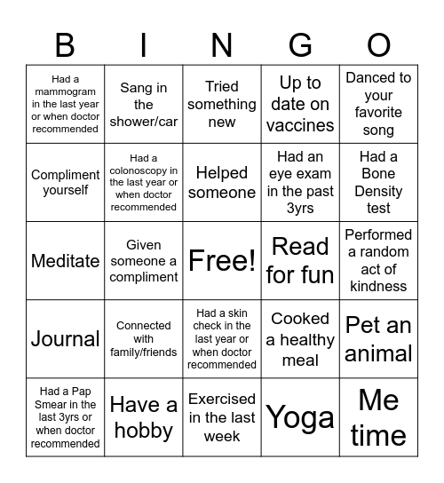 Women's Health Bingo Card