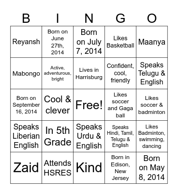 HSRES 5th Grade Bingo Card