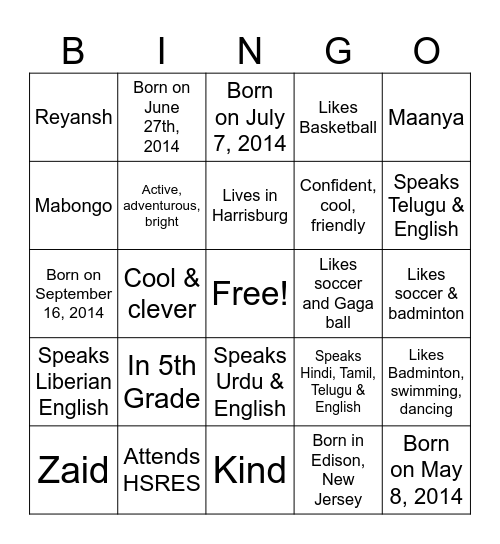 HSRES 5th Grade Bingo Card