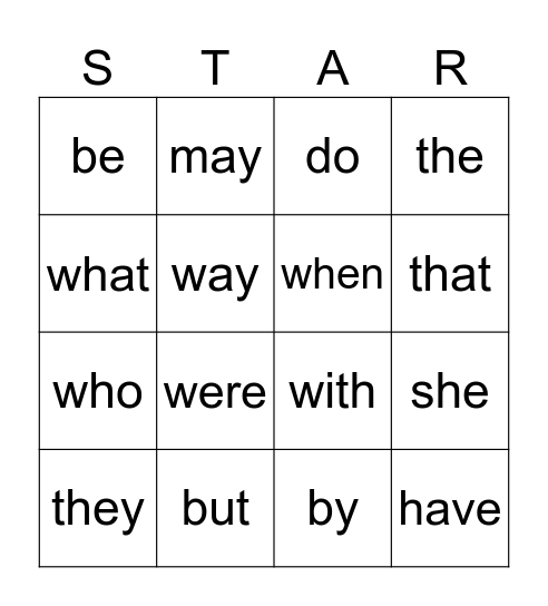 STAR WORDS bingo (AC) Bingo Card