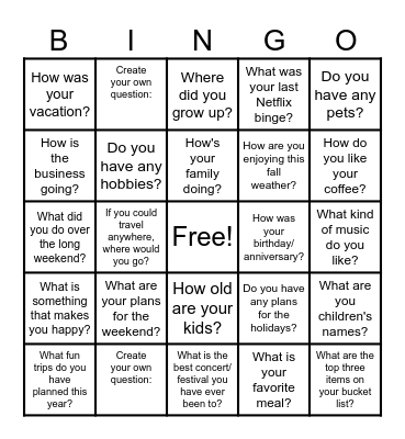 Conversation Starter Bingo Card